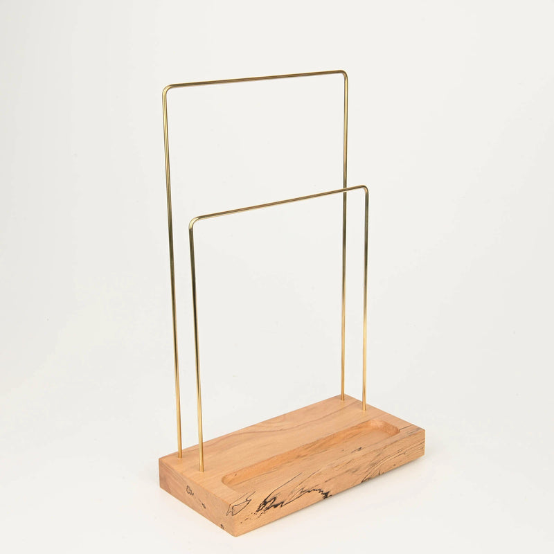 Exotic Compact Wood and Brass Jewelry Stand With Ring Dish