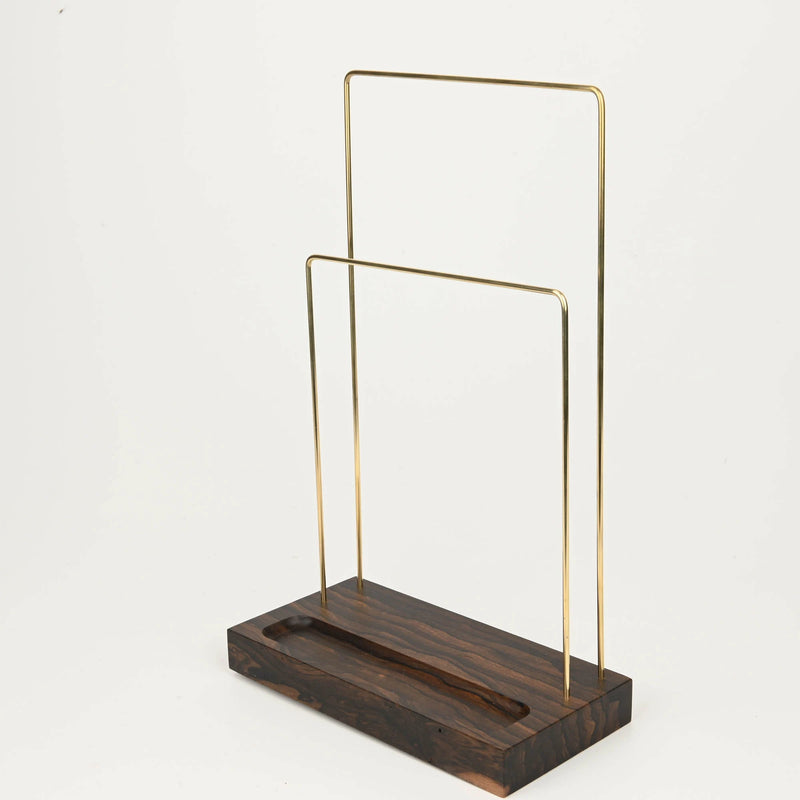 Exotic Compact Wood and Brass Jewelry Stand With Ring Dish