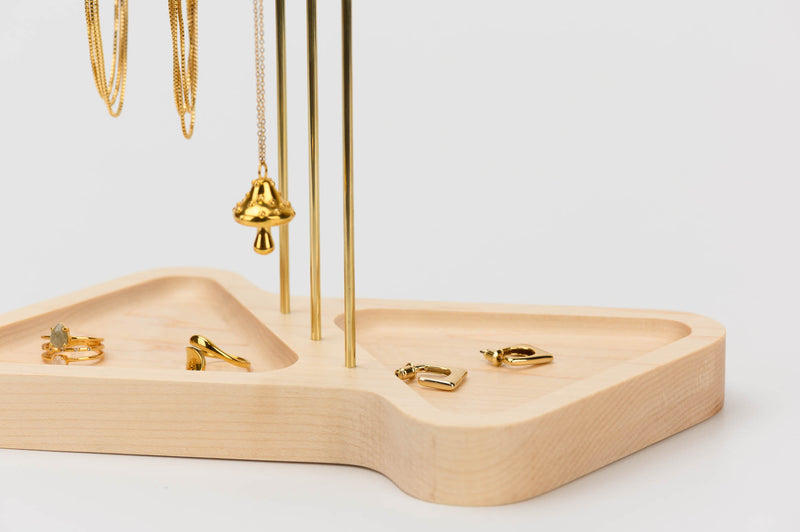 Detail View of double triangle maple base jewelry stand