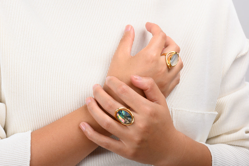 Double sided mother-of-pearl and abalone ring